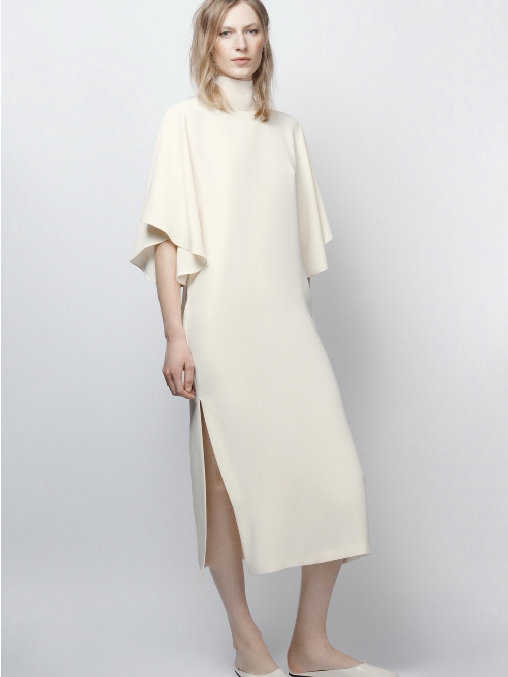 Zara Cream Midi Dress with High Neck and Flutter Sleeves